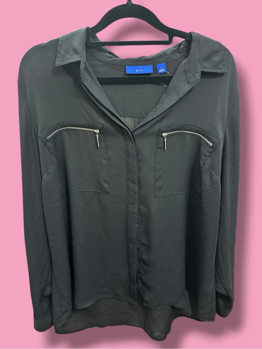 Apt. 9 Black Button-Down Blouse with Zip Chest Pockets